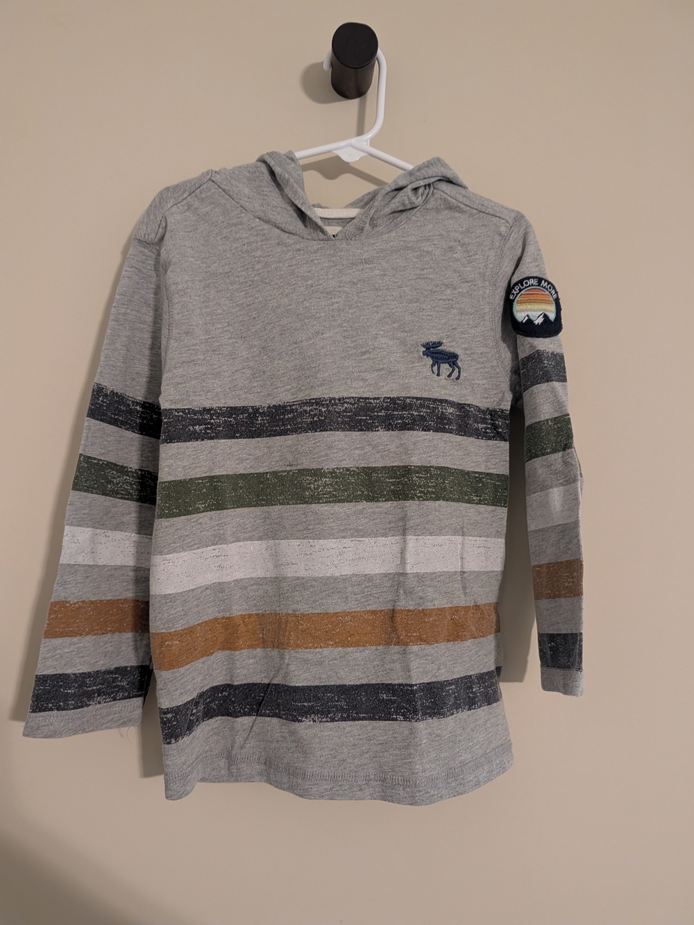 Hatley Gray Hooded Long Sleeve Tee with Navy, Green, Tan & White Stripes